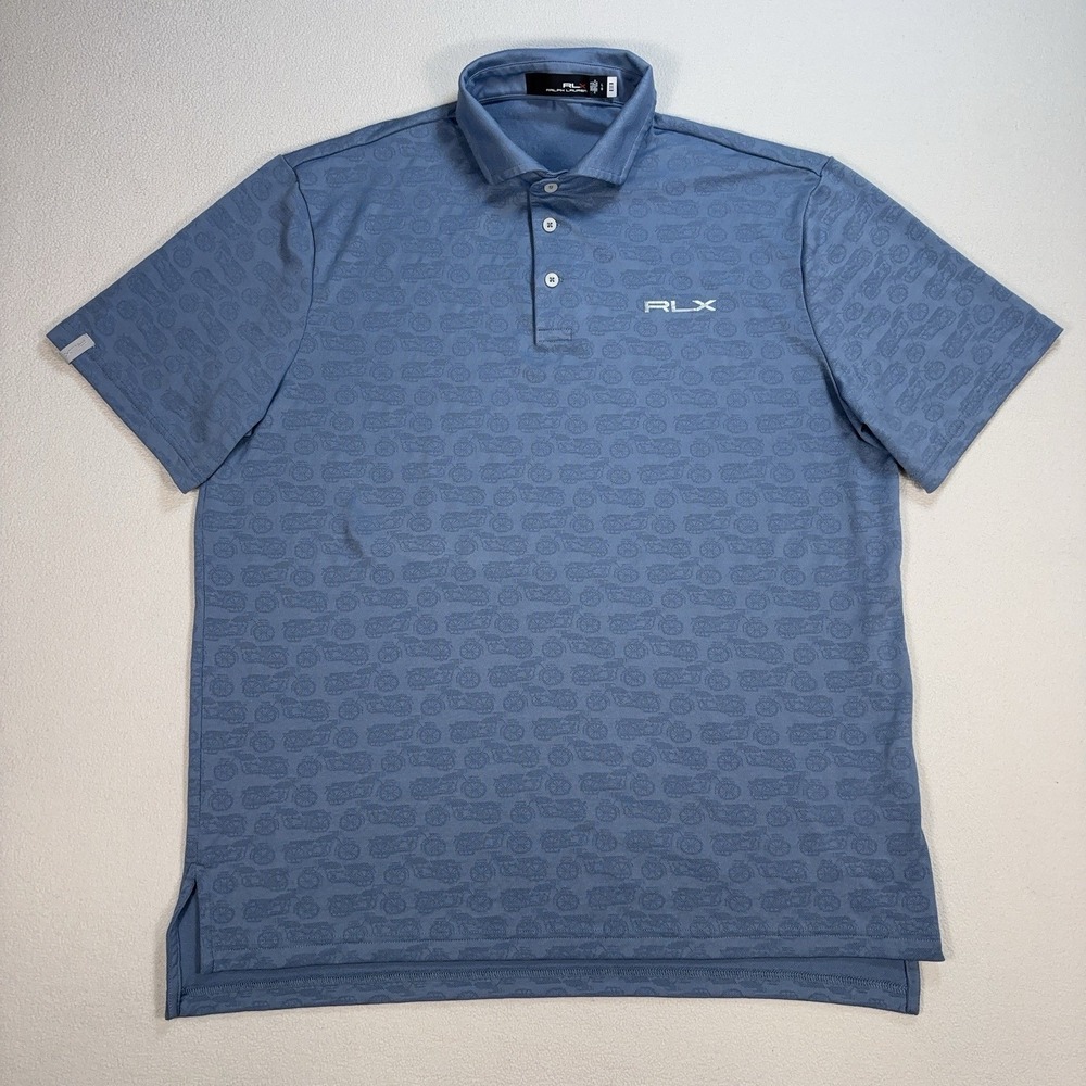 RLX Ralph Lauren Performance‎ Polo Shirt Men's L Blue Motorcycle Jacquard Golf